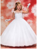 White Beaded Lace Tulle Floor Length Flower Girl Dress Ball Gown